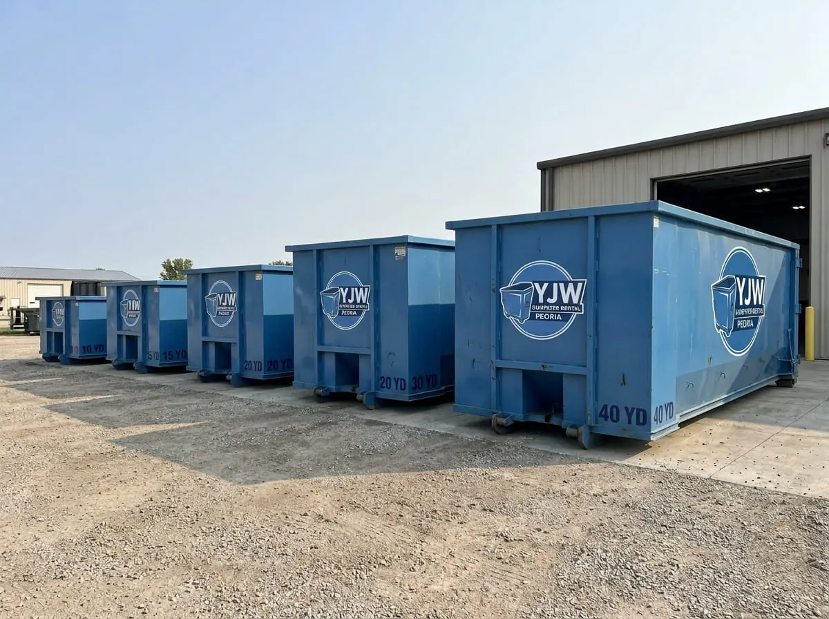 Commercial roll-off dumpster positioned behind a retail building in Peoria, Illinois Commercial roll-off dumpster positioned behind a retail building in Peoria, Illinois